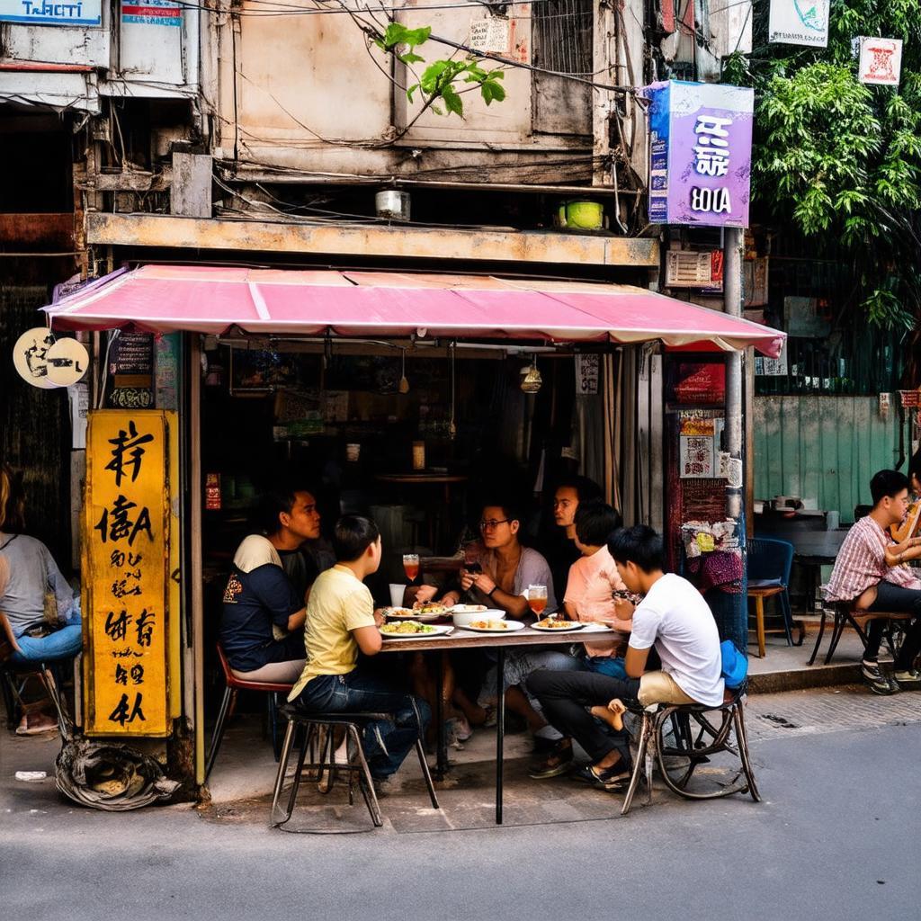 Quán ăn vỉa hè hoặc quán cà phê nhỏ đặc trưng trên Đường 800A Cầu Giấy, Hà Nội