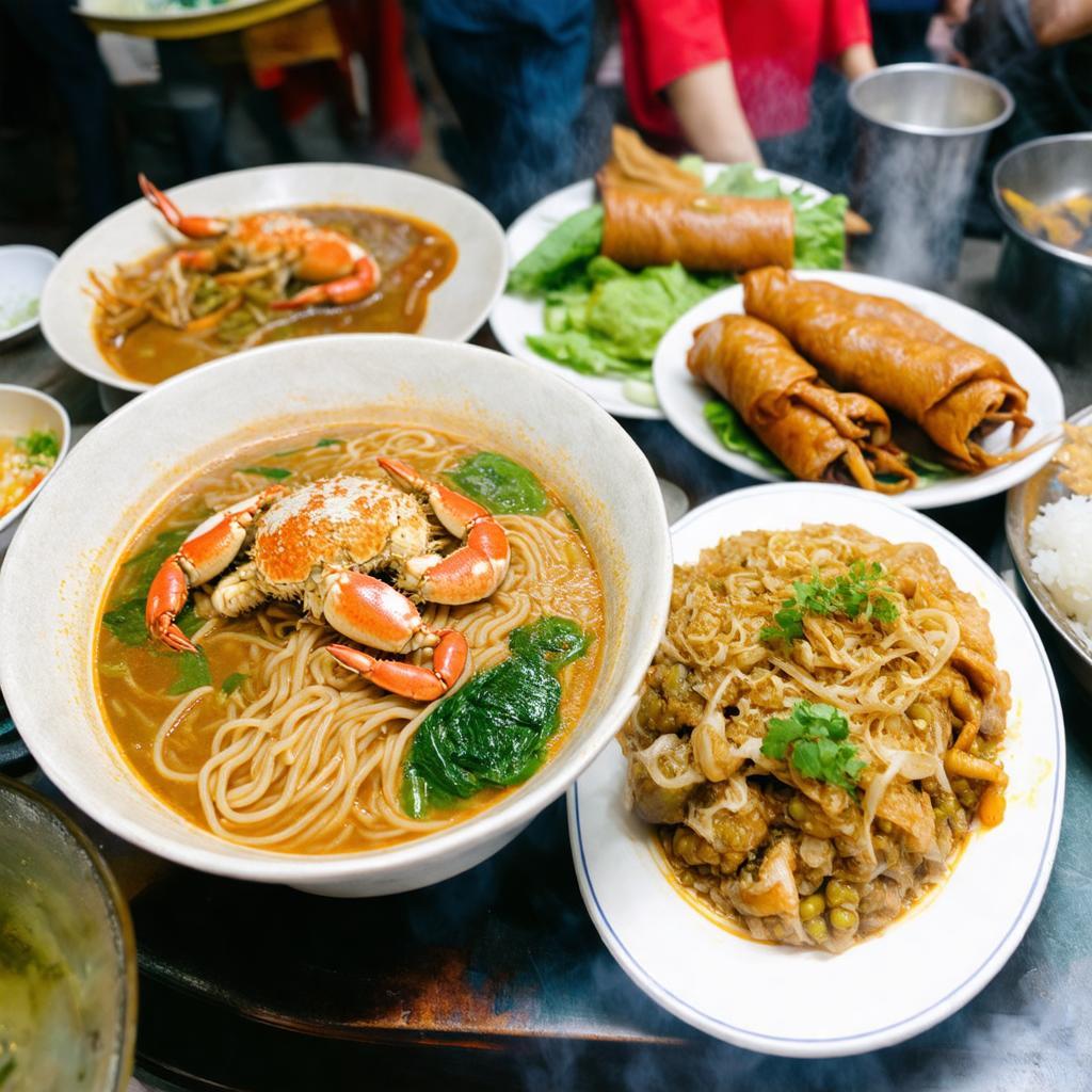 Hình ảnh đa dạng các món ăn đường phố và ẩm thực bình dân tại khu vực Vĩnh Tuy.