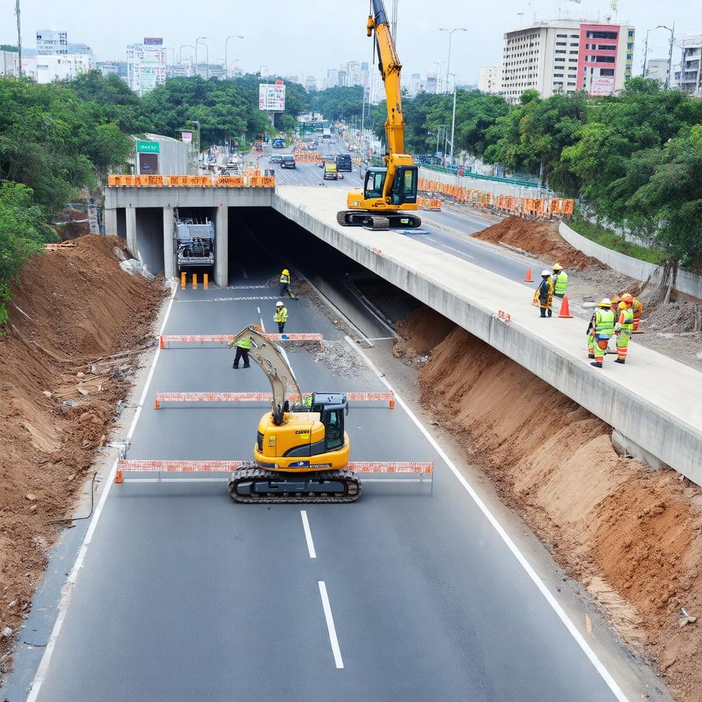 Hình ảnh công trường thi công dự án hầm chui, cầu vượt tại Ngã tư An Phú