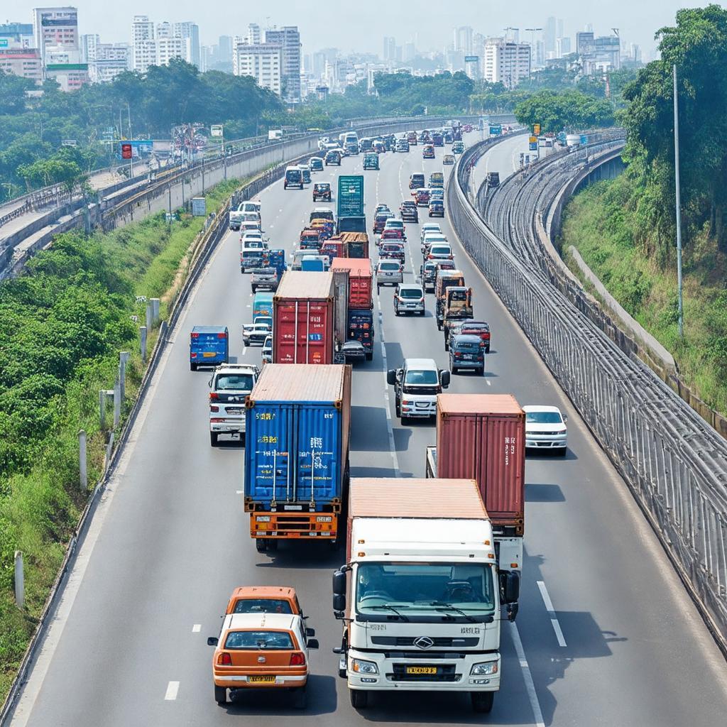 Xe tải và phương tiện lưu thông trên Cầu Khánh Vân giờ cao điểm.