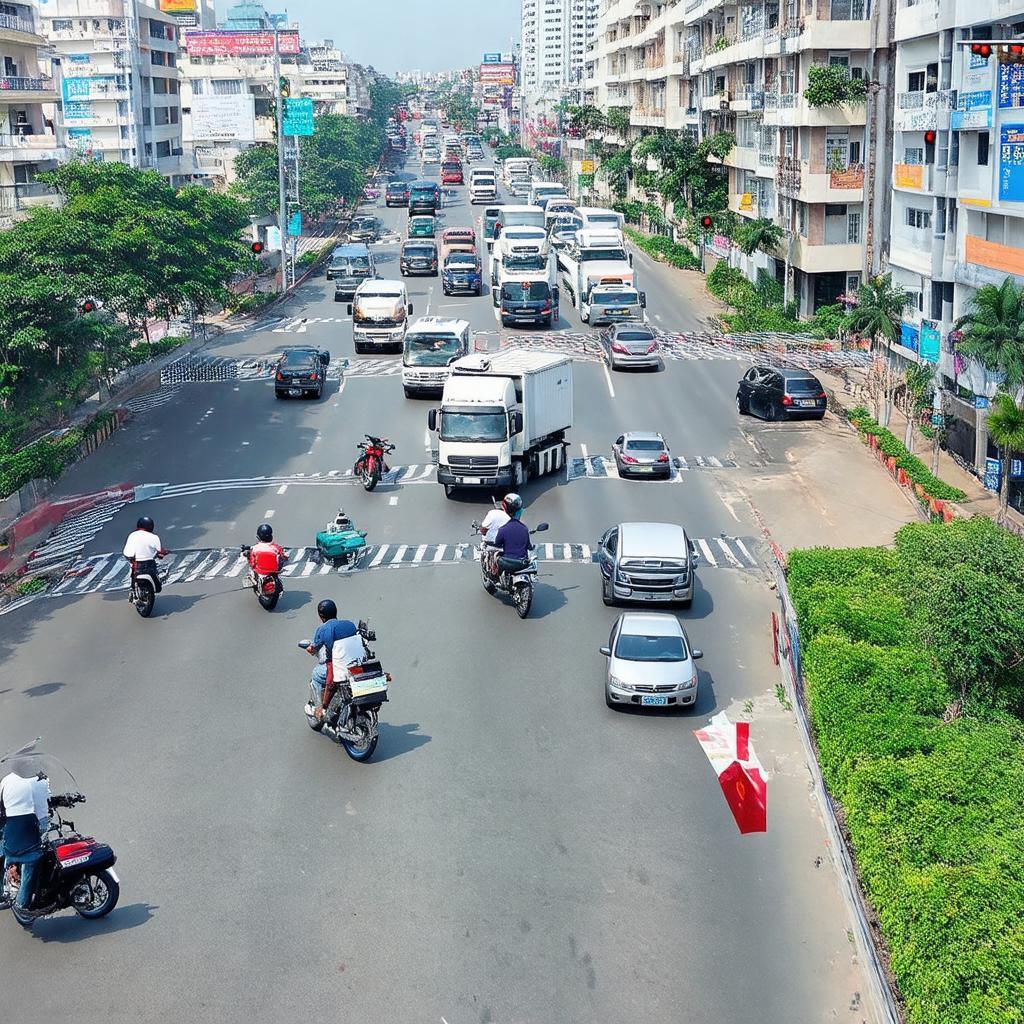 Toàn cảnh Ngã tư An Phú, Thuận An, Bình Dương với lưu lượng giao thông đông đúc