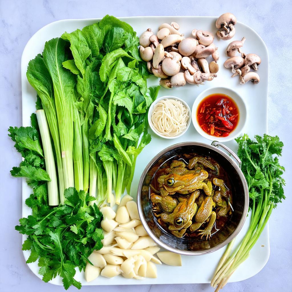 Các loại nguyên liệu tươi ngon cho nồi lẩu ếch măng cay tại Lẩu Ếch Hà My, bao gồm ếch, măng, rau.