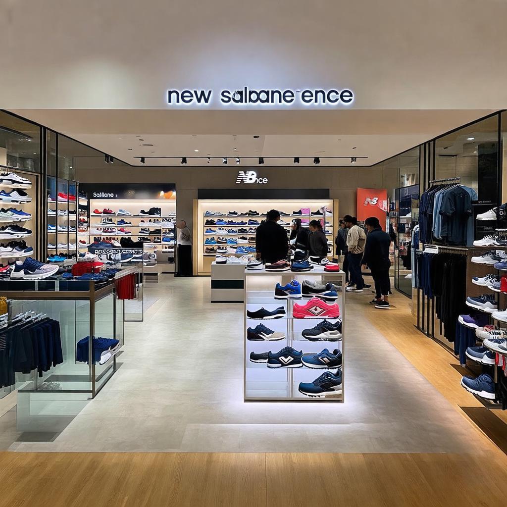 Bên trong cửa hàng New Balance tại Saigon Centre, trưng bày đa dạng giày dép và quần áo