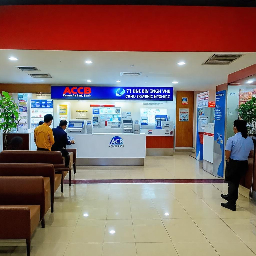 Bên trong không gian giao dịch của chi nhánh ACB Bình Thạnh tại 71 Điện Biên Phủ, cho thấy quầy giao dịch và khu vực chờ