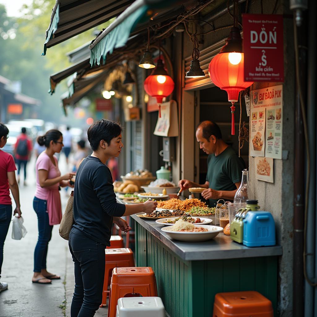 Một quán ăn vỉa hè bình dân trên Đường số 17, khu dân cư Vĩnh Lộc, phục vụ món ăn Việt Nam hàng ngày.