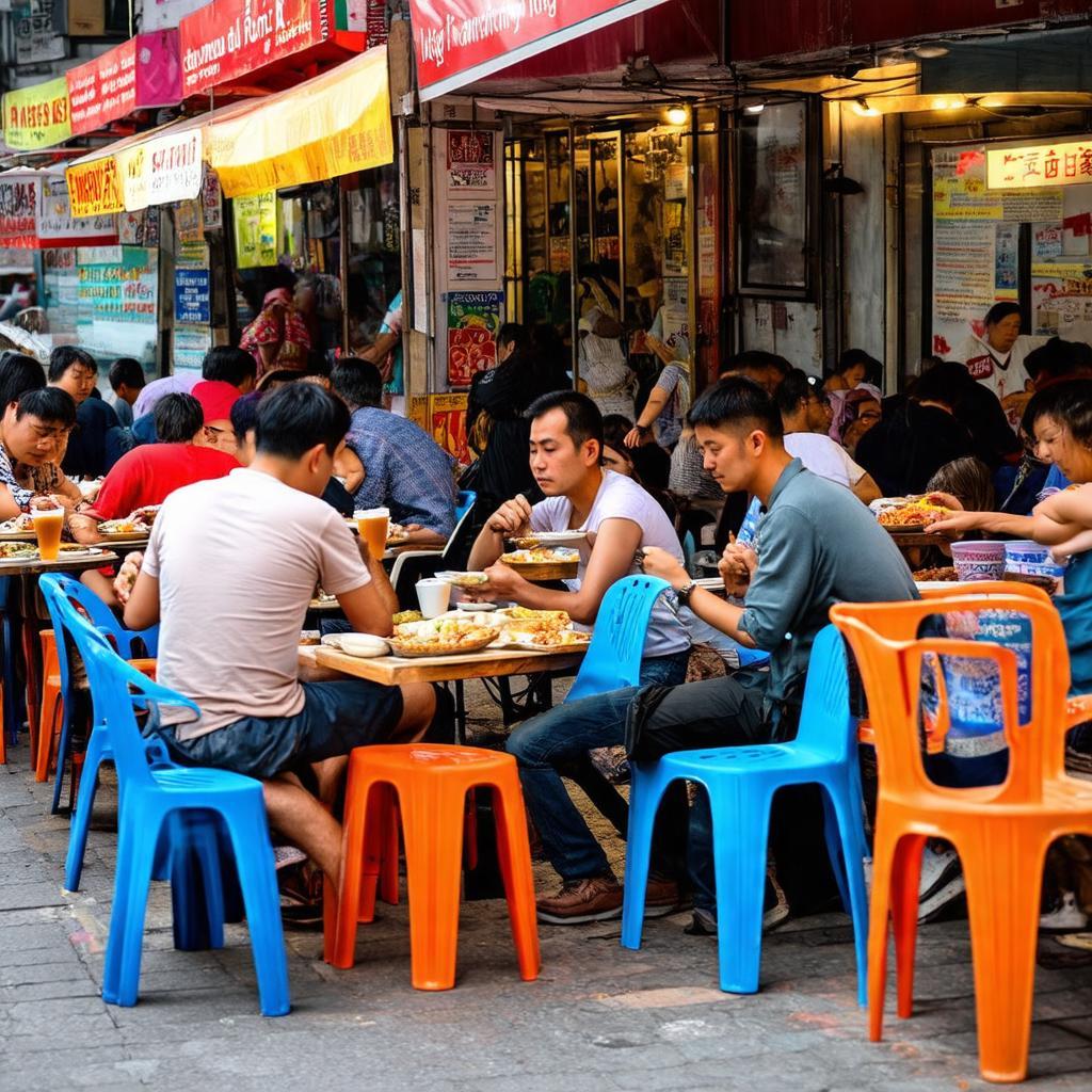 Khung cảnh quán ăn vỉa hè hoặc quán cà phê đông đúc trên đường Trần Quang Diệu, Quận 3