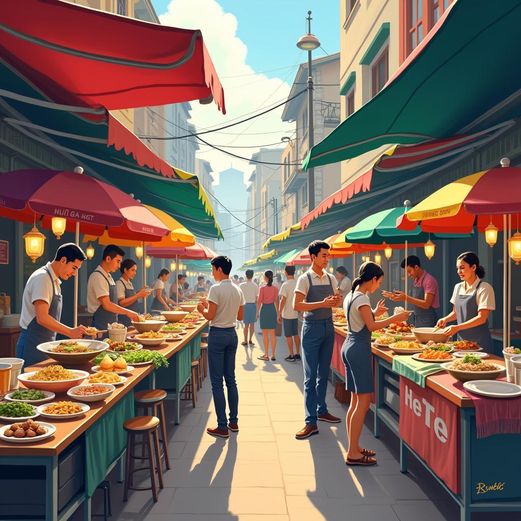 Quầy bán các món ăn đường phố đa dạng tại chợ Bưng Cầu Bình Dương
