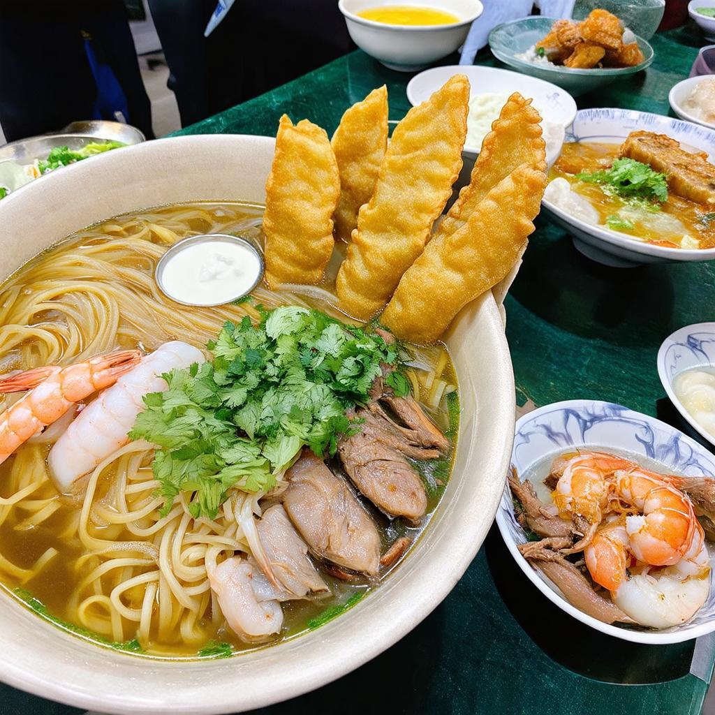 Mâm các món ăn đặc sản miền Tây như bún nước lèo, bánh xèo tại Chợ Lịch Hội Thượng.