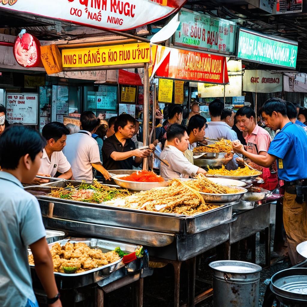 Một quán ăn đường phố đông khách trên Đường Đà Nẵng, quận Ngô Quyền, Hải Phòng, phục vụ các món ăn đặc sản địa phương.
