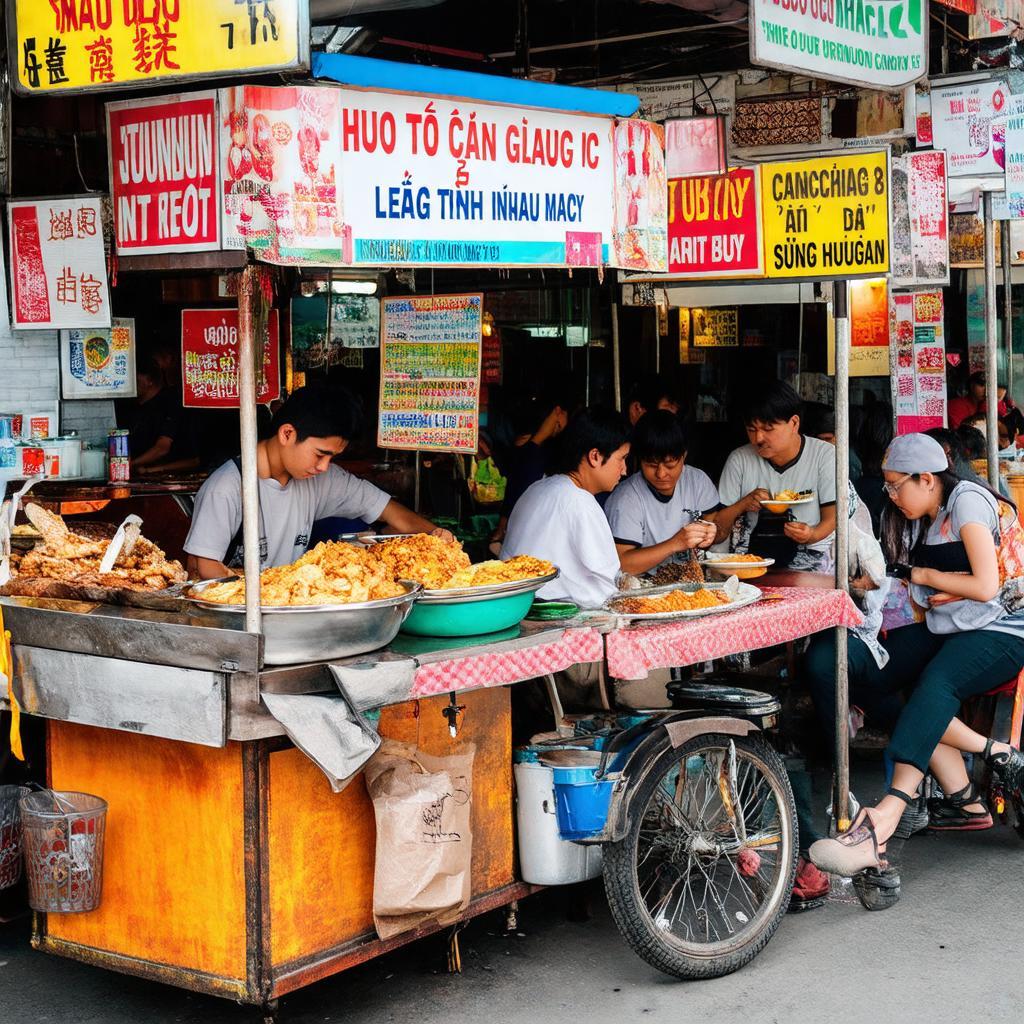 Các quán ăn, gánh hàng rong đường phố trên đường Cao Lỗ, gần Đại học Công nghệ Sài Gòn.
