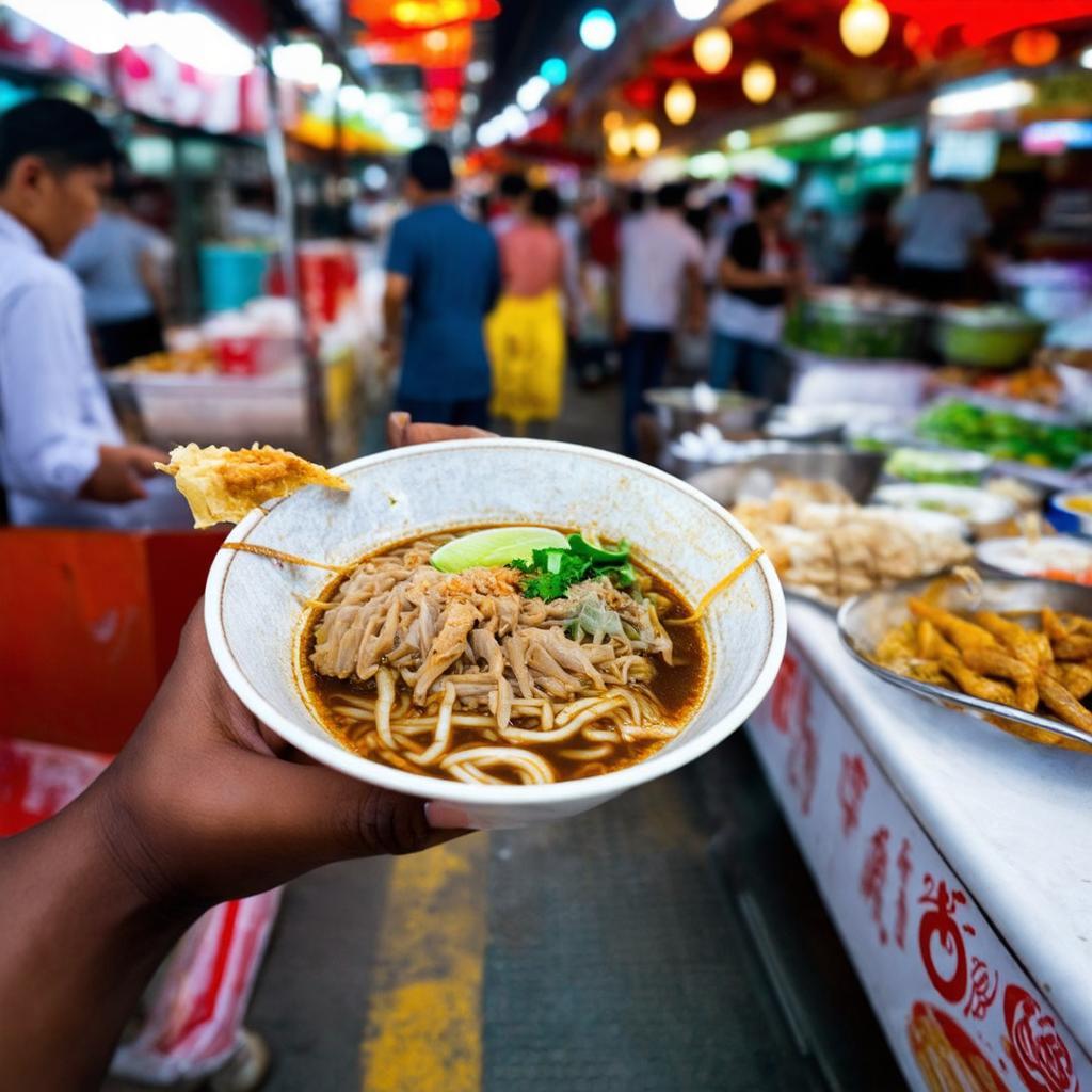 Du khách hoặc người dân thưởng thức món ăn đường phố, ẩm thực địa phương tại Chợ Bến Lức.