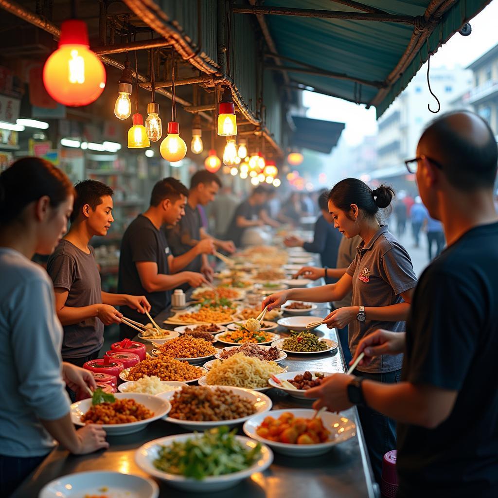 Các quầy hàng ẩm thực đường phố nhộn nhịp tại Chợ Dịch Vọng, với nhiều món ăn hấp dẫn, giá bình dân.