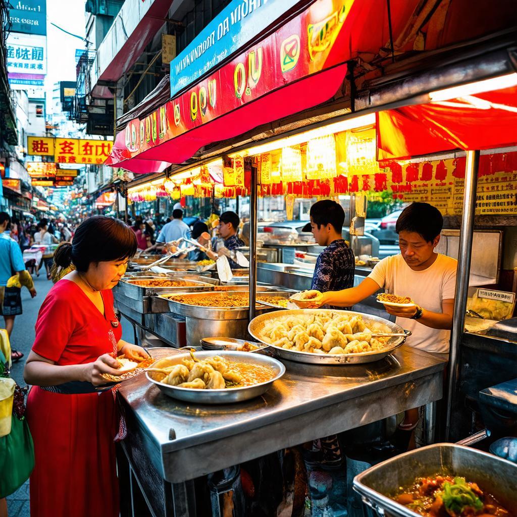 Khung cảnh ẩm thực đường phố sôi động tại khu Chợ Lớn, Quận 5 gần Khách Sạn Windsor Plaza.