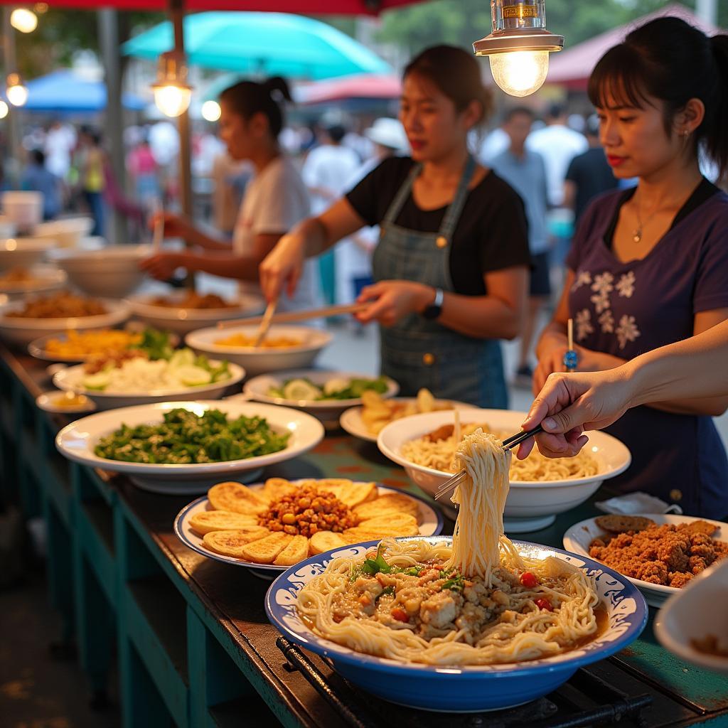 Các món ăn đường phố hấp dẫn như bún cá, bánh xèo tại khu ẩm thực Chợ Mỹ Lương An Giang