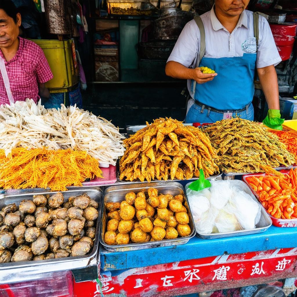 Các món ăn vặt hấp dẫn bày bán tại một quầy hàng trong Chợ Vườn Chuối
