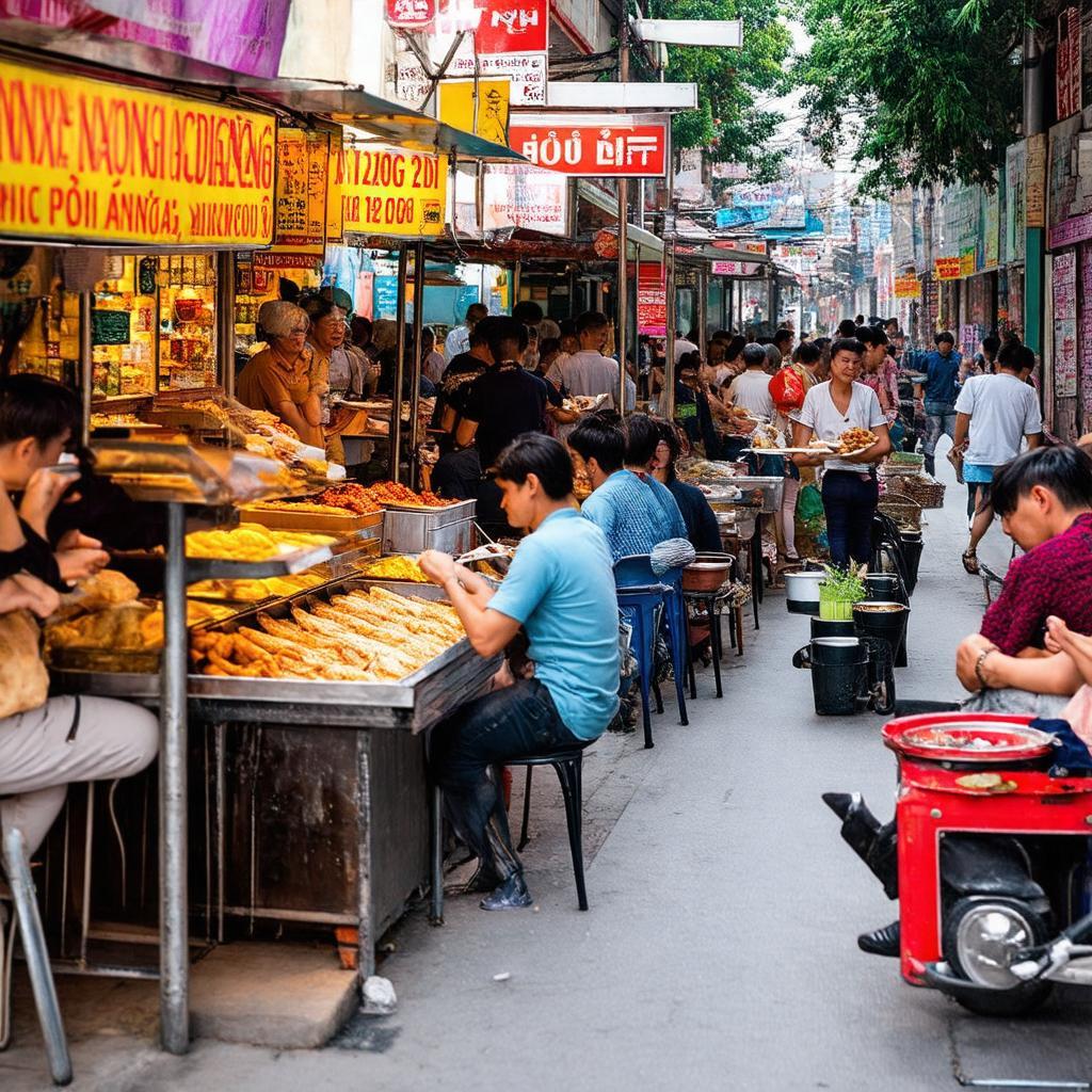 Khung canh am thuc va quan xa tren pho Hoang Nhu Tiep, Long Bien
