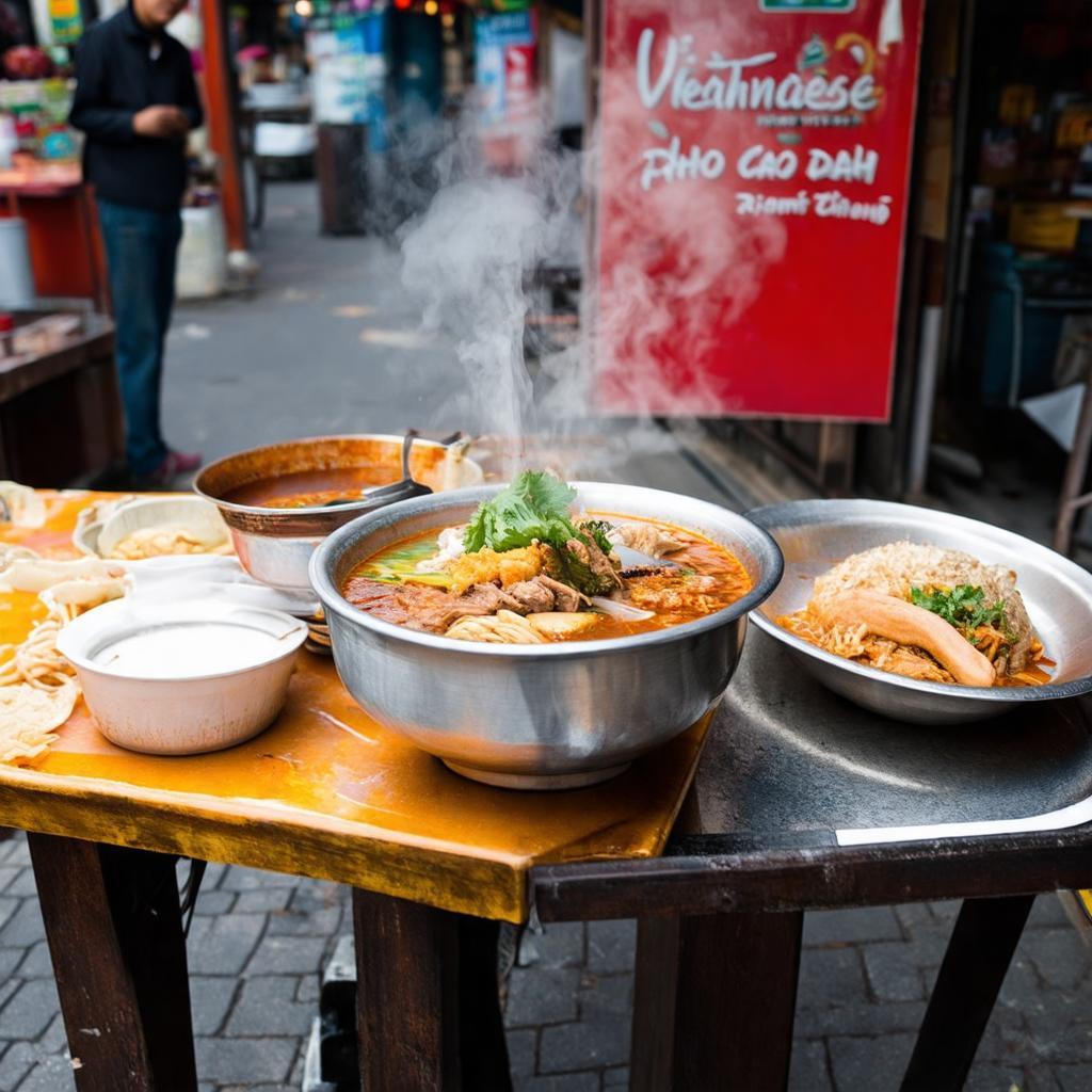 Bát phở nóng hổi hoặc món bún chả, bún riêu đặc trưng ẩm thực đường phố Phố Cao Đạt