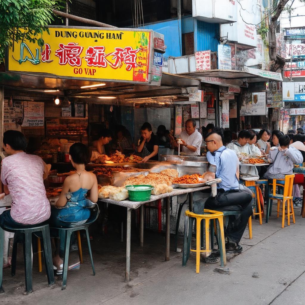 Một góc ẩm thực đa dạng trên đường Dương Quảng Hàm Gò Vấp với nhiều quán ăn hấp dẫn.