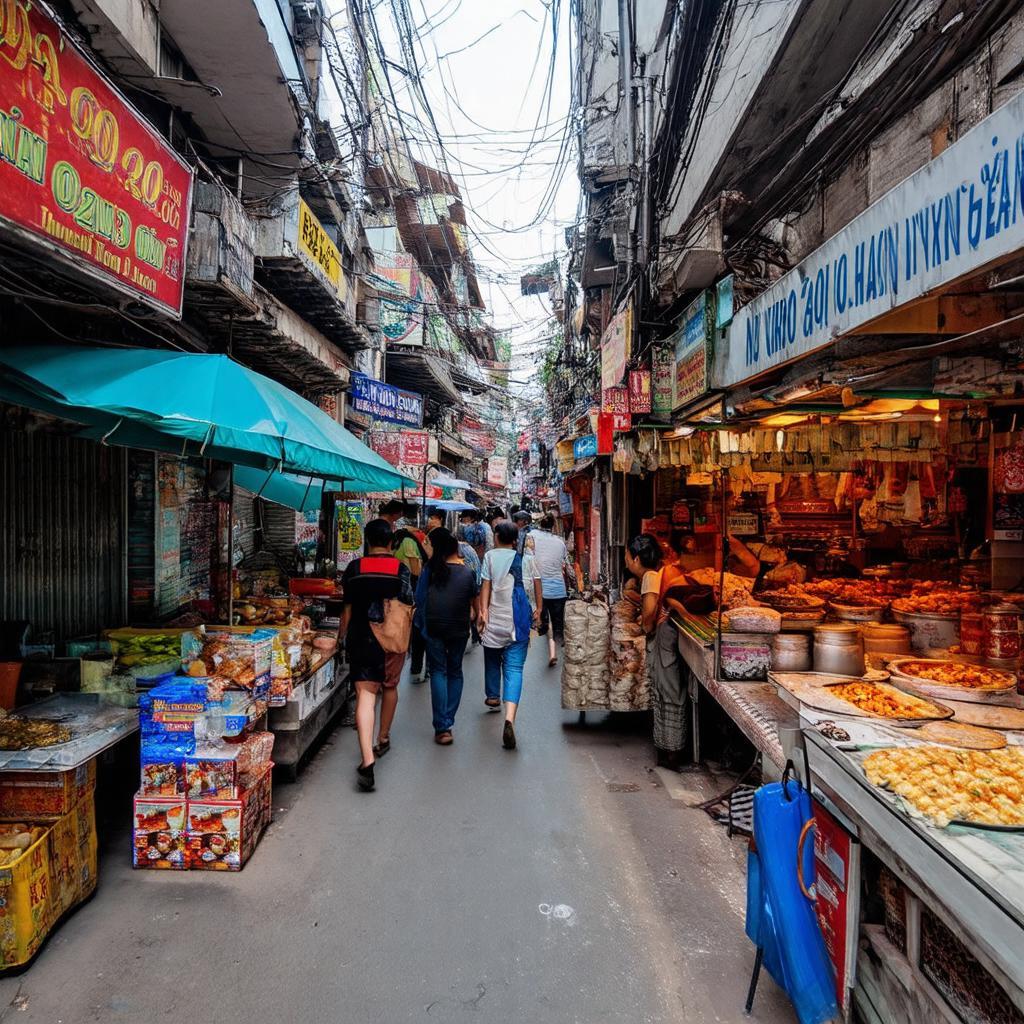 Cac quan an, cua hang tap hoa san sat trong mot con ngo soi dong o Ha Noi.