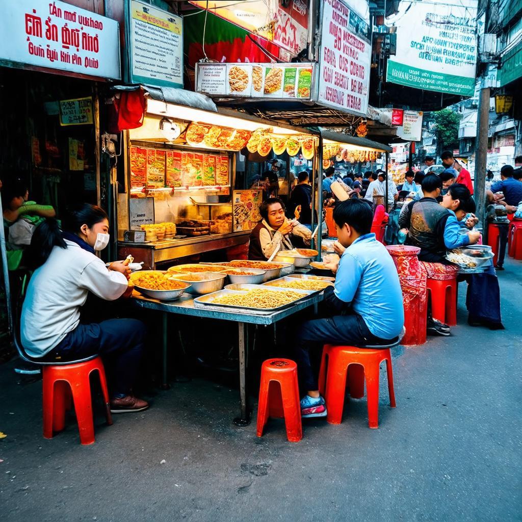 Một quán ăn vỉa hè đông khách trên Phố Nguyễn Bỉnh Khiêm, bán phở hoặc bún