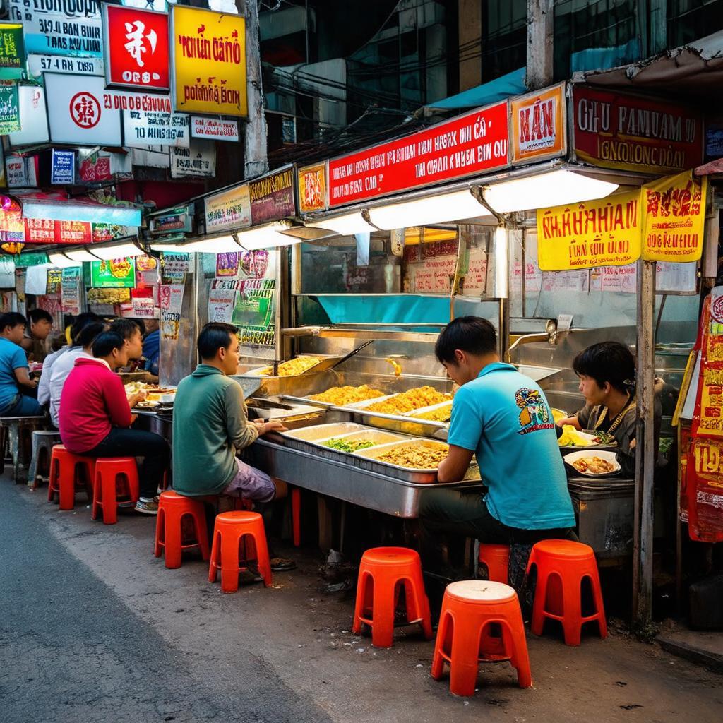 Các quán ăn vỉa hè và hàng quán trên phố Trường Lâm, Long Biên phục vụ nhiều món ngon.