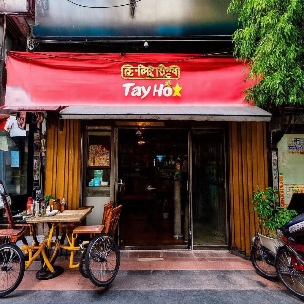 Bên ngoài một nhà hàng hoặc quán cà phê đặc trưng trên Phố Đặng Thai Mai, thể hiện sự đa dạng ẩm thực và phong cách của khu vực Tây Hồ
