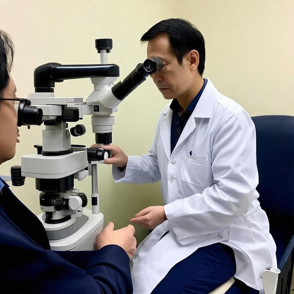 Bác sĩ nhãn khoa đang khám mắt và tư vấn cho bệnh nhân.
