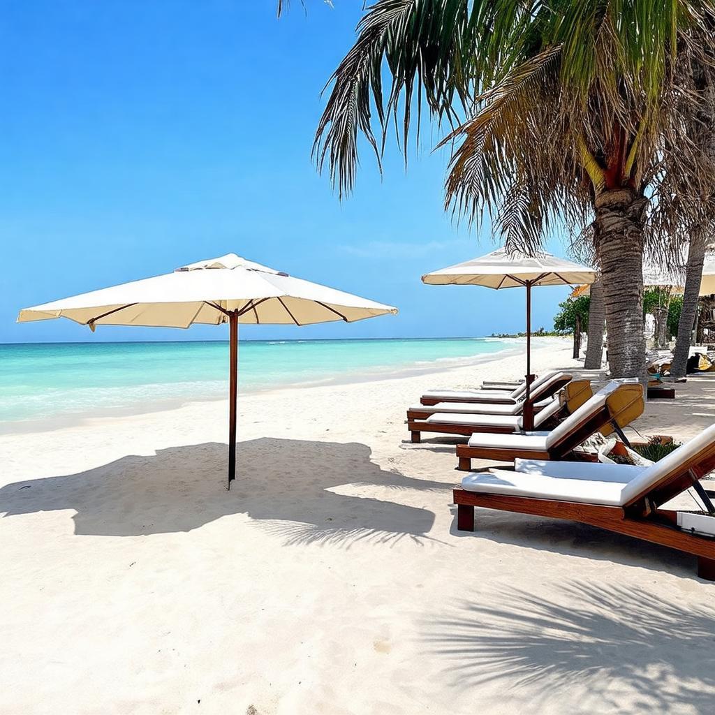 Khung cảnh yên bình tại bãi biển riêng của Ocean Star Resort Mũi Né với hàng dừa và ghế tắm nắng.