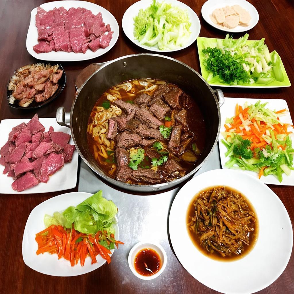Bàn ăn tại quán lẩu bò Thiên Trang với nồi lẩu, đĩa thịt, rau tươi và nước chấm chao.