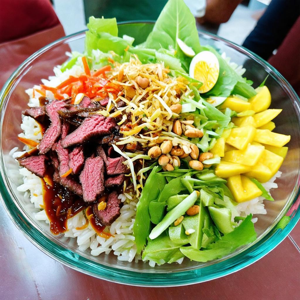 Phần bánh tráng trộn Cô Năm đầy đủ topping khô bò, xoài, trứng cút, rau răm với nước sốt me đặc trưng.