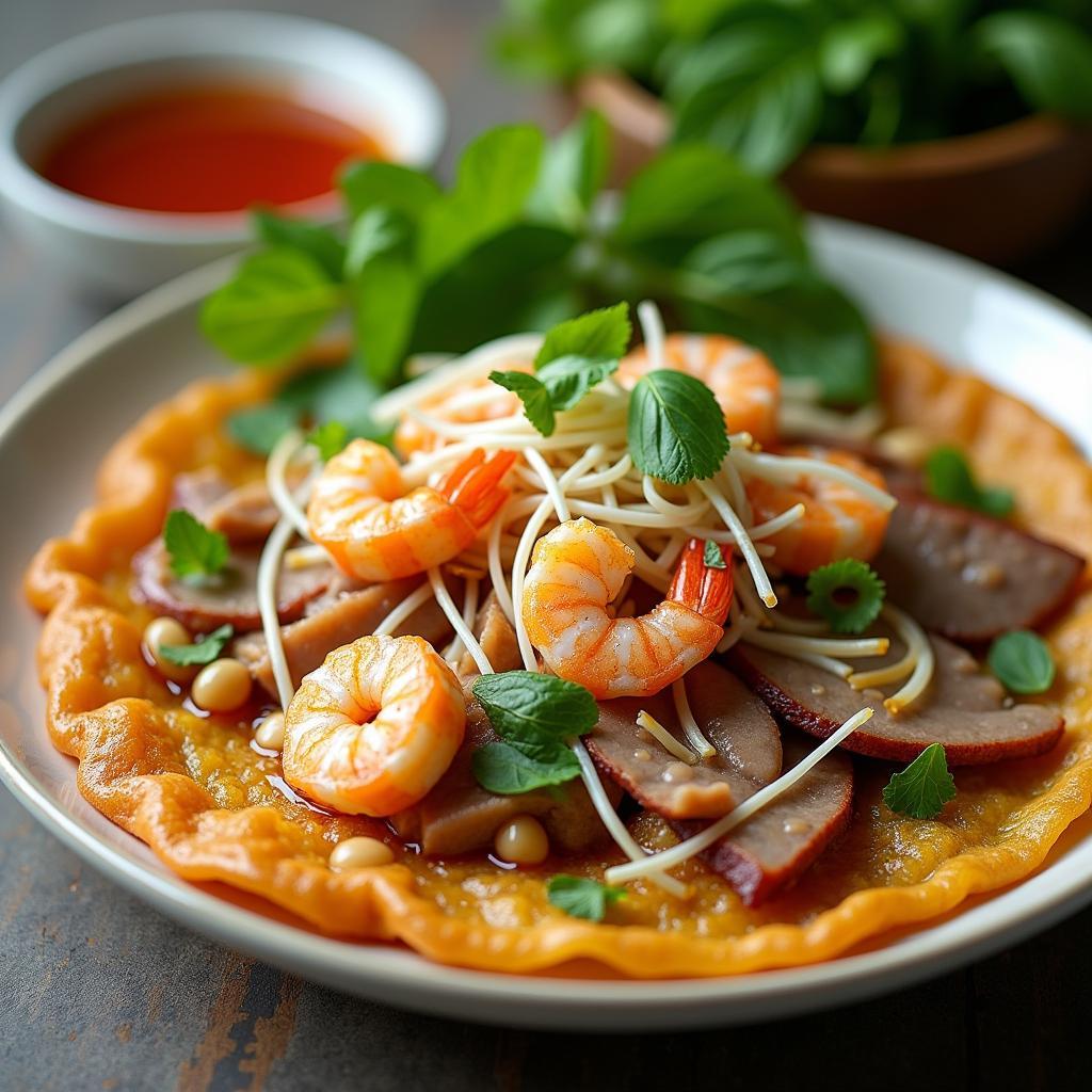 Banh xeo Ngoc Son Quan 5 voi vo banh vang gion, nhan tom thit day dan va nuoc cham dam da