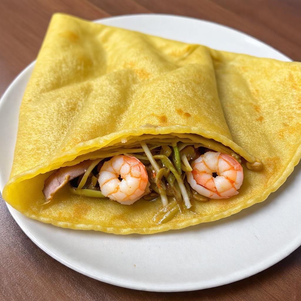 Banh xeo vang uom, gion xop voi nhan tom thit beo ngay an kem rau song