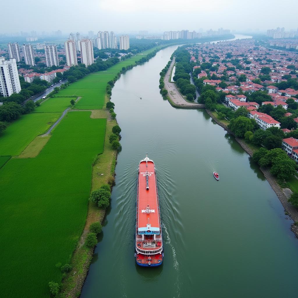 Toàn cảnh bến đò Vân Đức Gia Lâm nhìn từ trên cao
