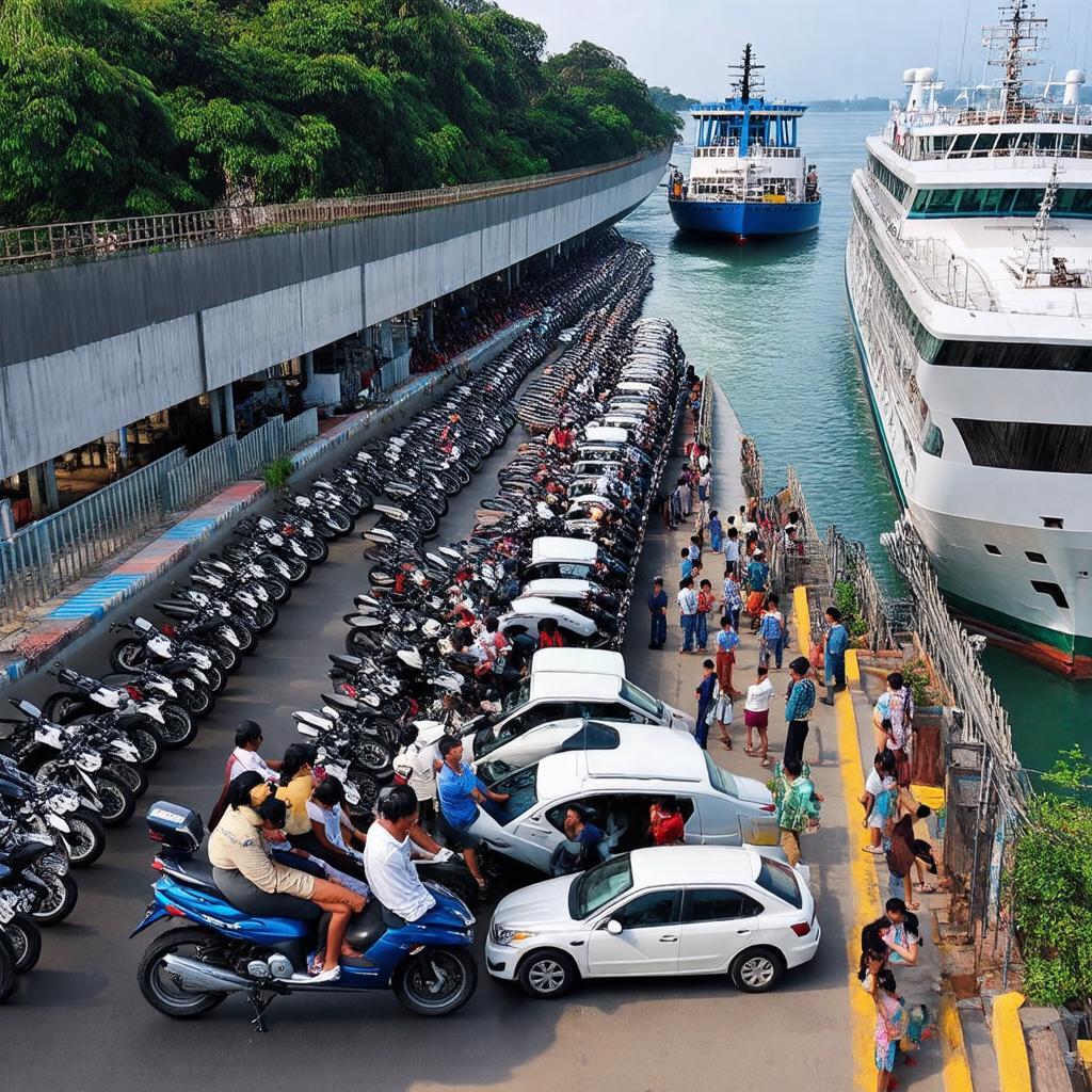 Cảnh ùn tắc, xe xếp hàng dài chờ lên bến Phà Phước Khánh vào giờ cao điểm.