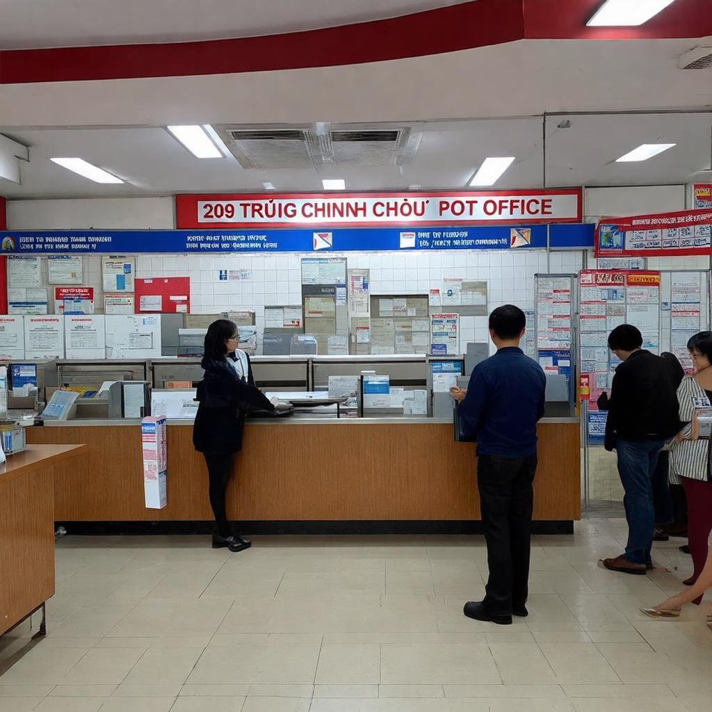 Cảnh bên trong Bưu điện 209 Trường Chinh, quận Tân Bình với quầy giao dịch và các dịch vụ