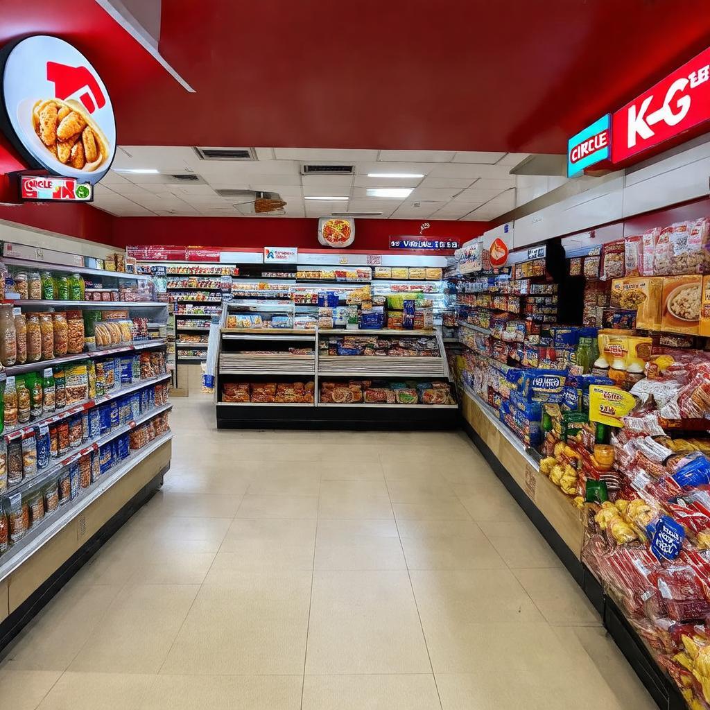 Khong gian ben trong Circle K 449 Le Van Viet, Trung bay do an nhanh K-Value va cac san pham tien loi.