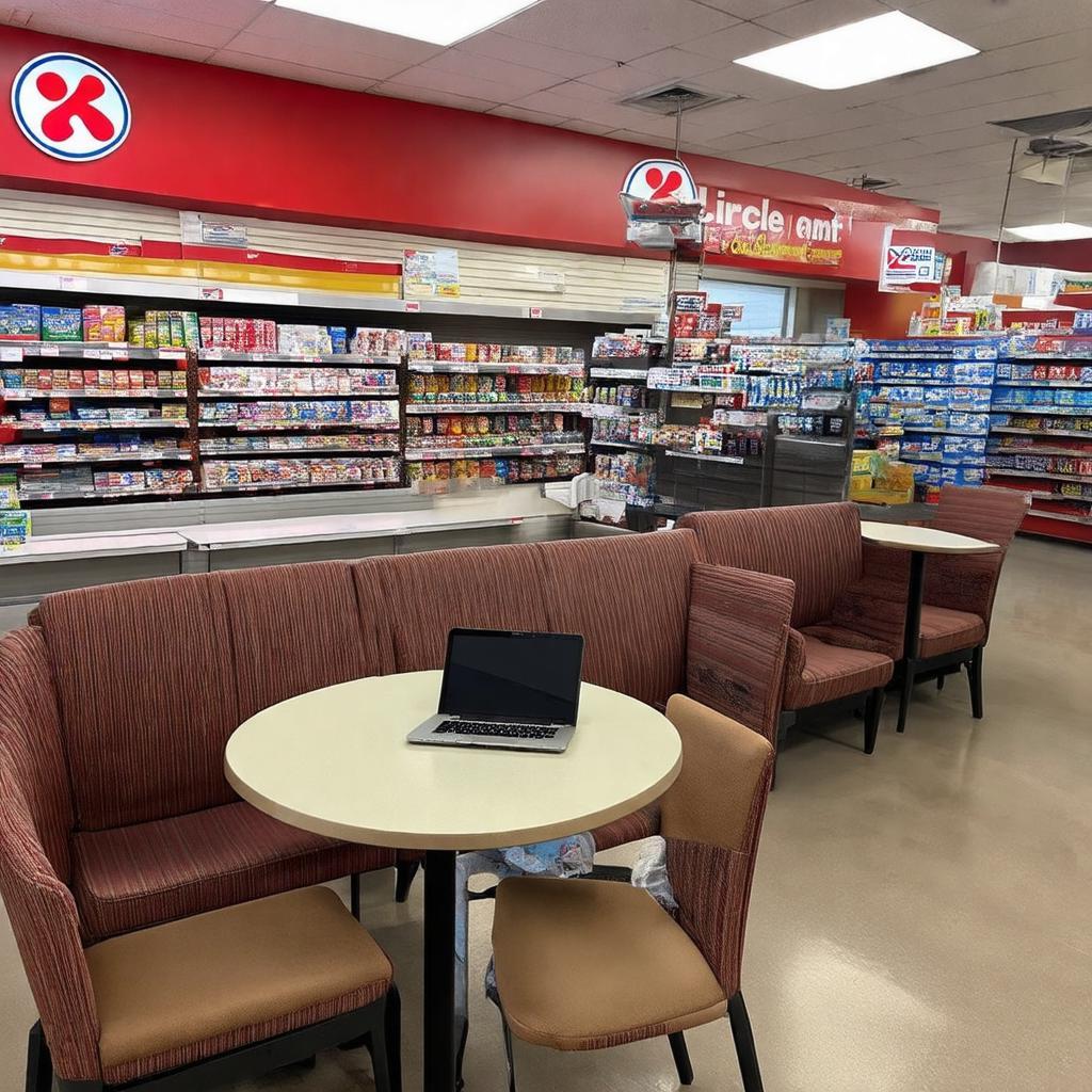 Bên trong Circle K Nguyễn Văn Cừ với khu vực ngồi sạch sẽ, thoáng đãng cho khách nghỉ chân.