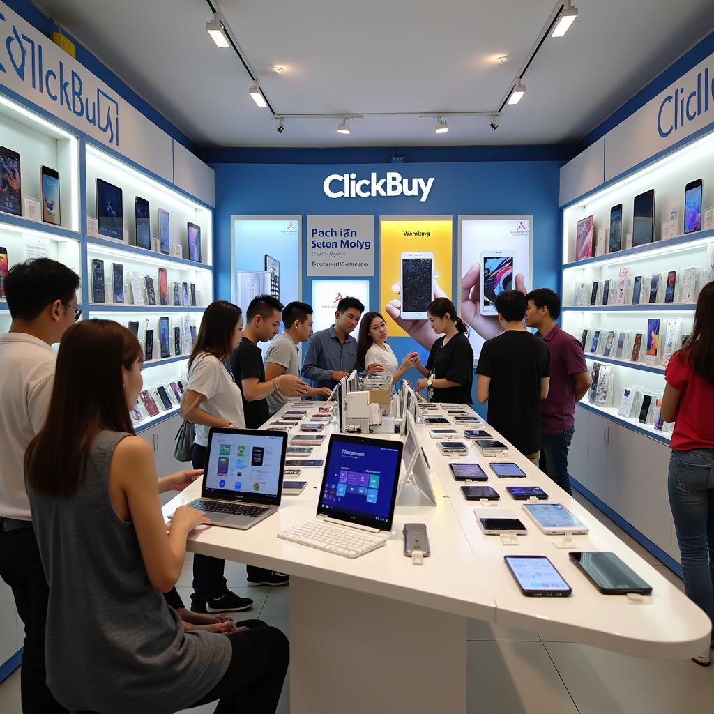 Bên trong cửa hàng ClickBuy Đà Nẵng trưng bày đa dạng điện thoại, máy tính bảng, phụ kiện.