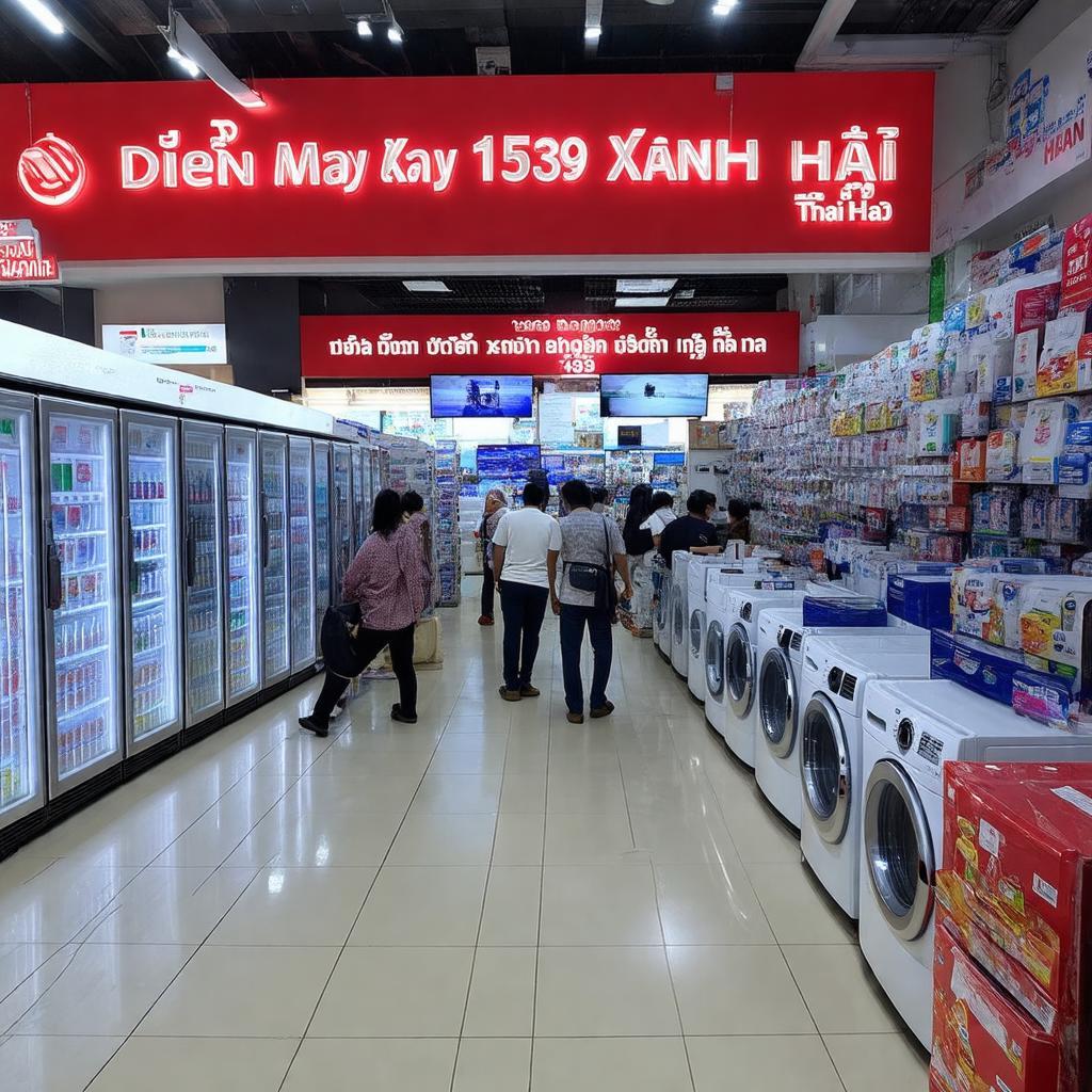 Bên trong siêu thị Điện Máy Xanh 159 Thái Hà trưng bày các thiết bị điện lạnh điện tử lớn.