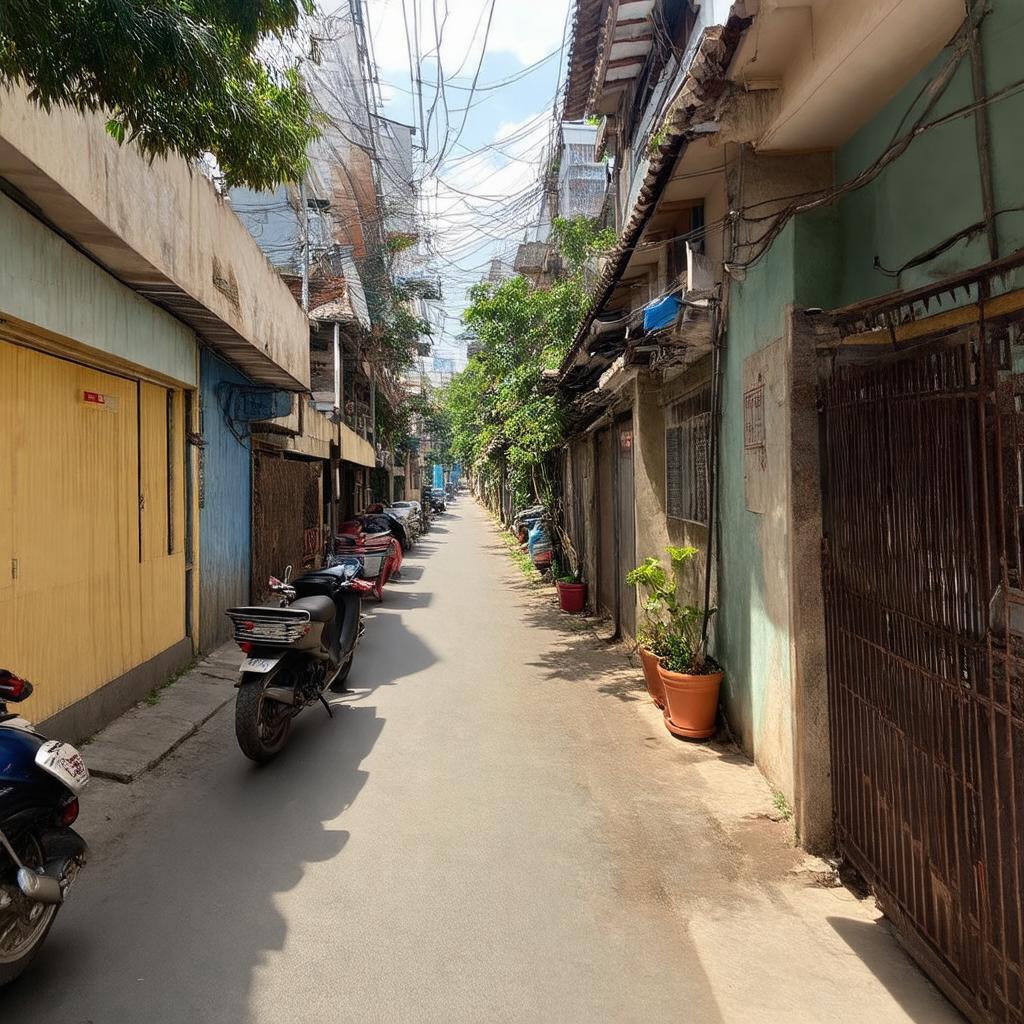 Cảnh quan bên trong Hẻm 48 Bùi Thị Xuân với nhà dân và không khí đời thường.