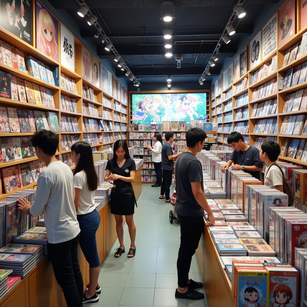 Bên trong Hikaru Shop O4E Trường Sơn trưng bày mô hình, manga, đồ sưu tầm, không khí thân thiện.