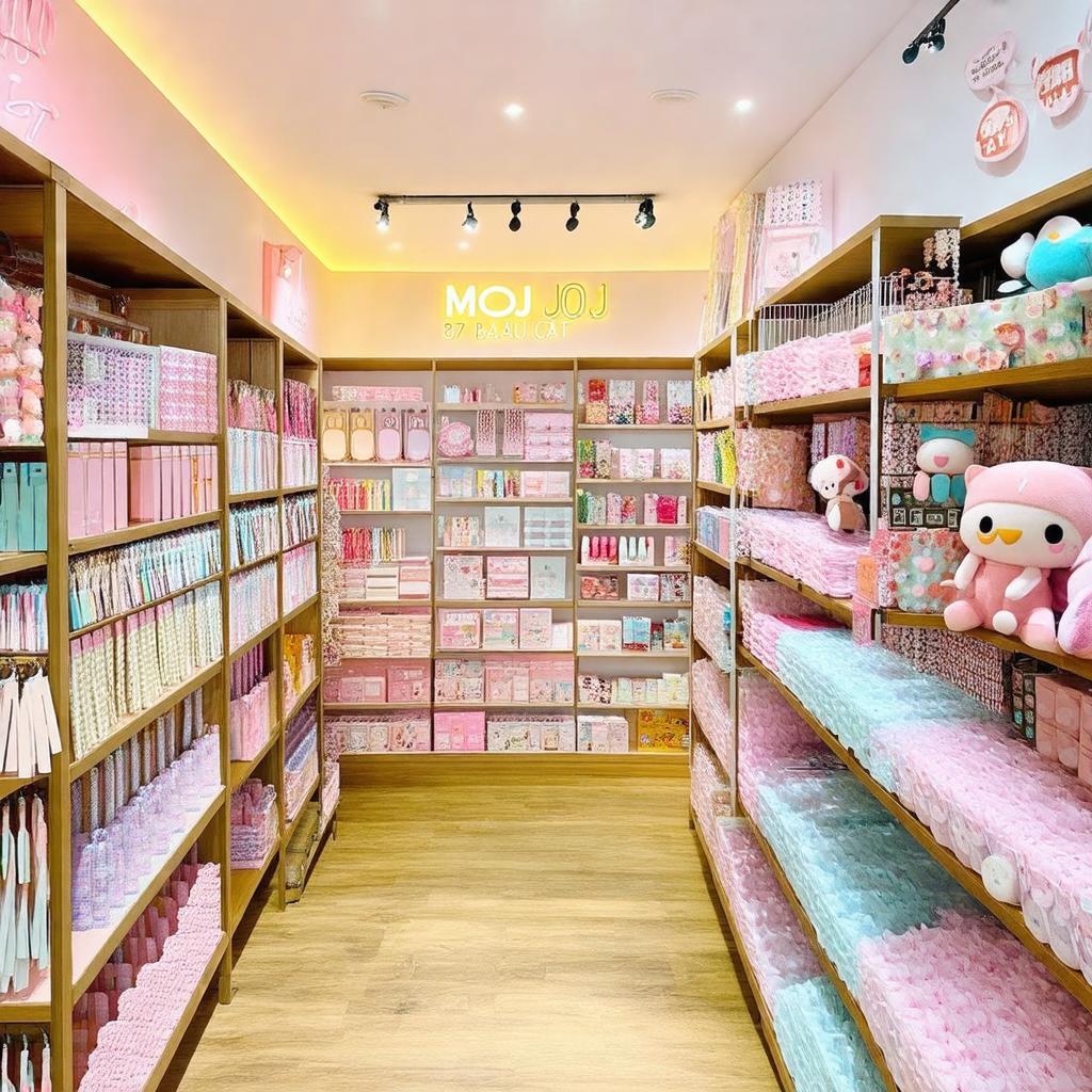 Nội thất bên trong Moji Shop 87 Bàu Cát với các kệ hàng đầy sản phẩm dễ thương