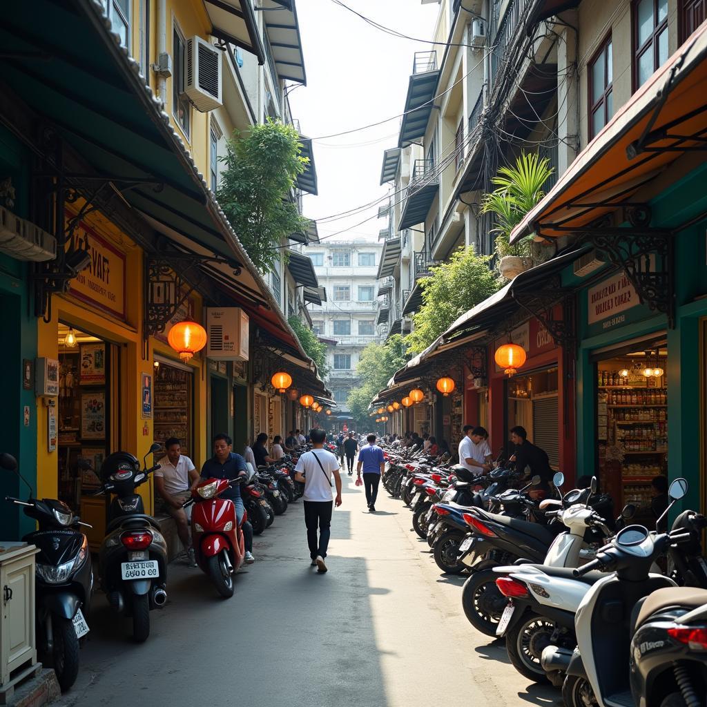 Quang cảnh bên trong Ngõ 198 Xã Đàn, thể hiện sự pha trộn giữa kinh doanh, văn phòng và khu dân cư.