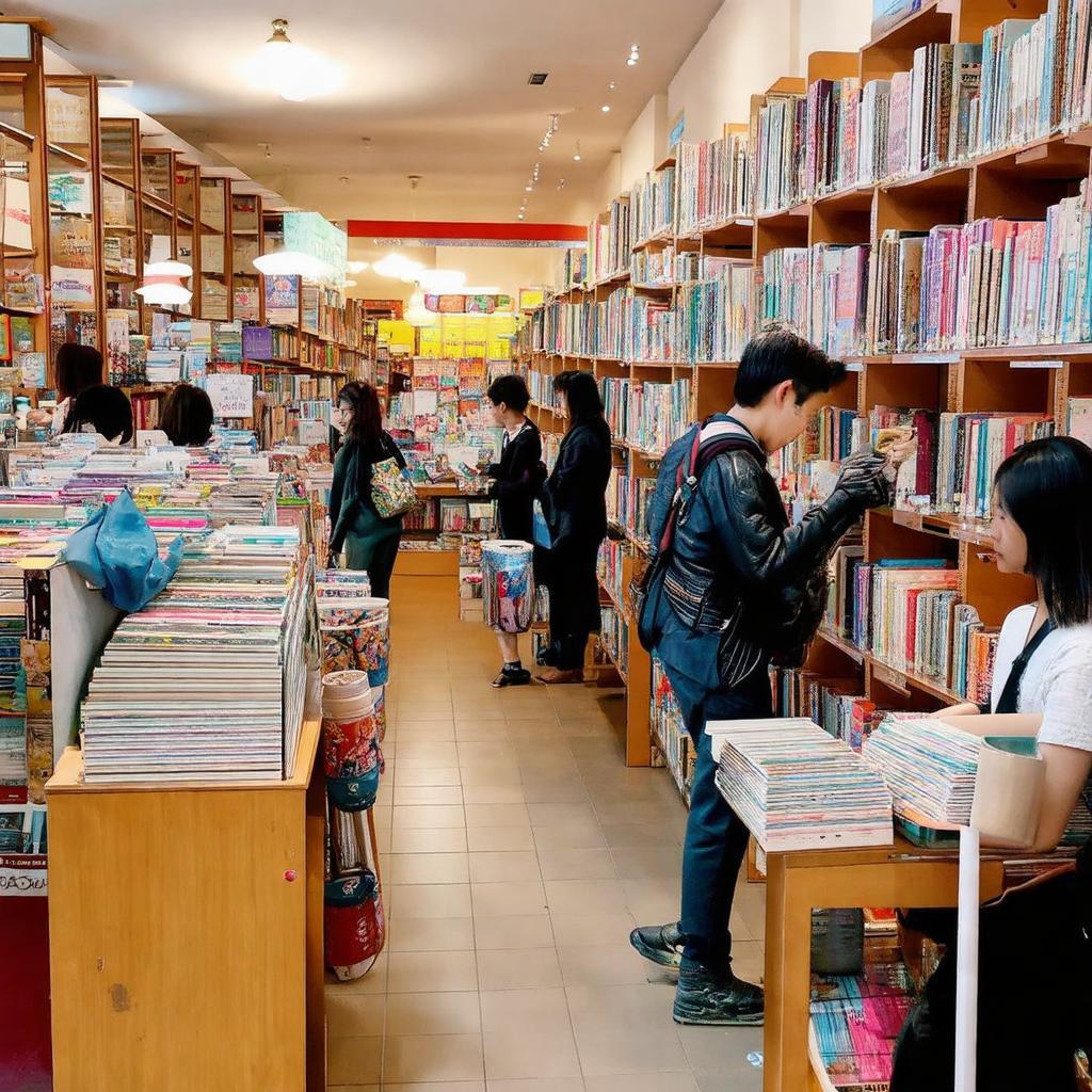 Không gian bên trong nhà sách Quận 12, cảnh mọi người đang lựa chọn sách và văn phòng phẩm
