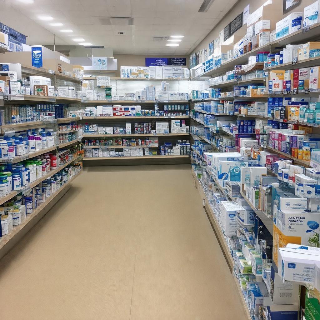 Bên trong Nhà thuốc Long Châu 162B Tôn Đức Thắng với kệ hàng đa dạng các loại thuốc và sản phẩm y tế.