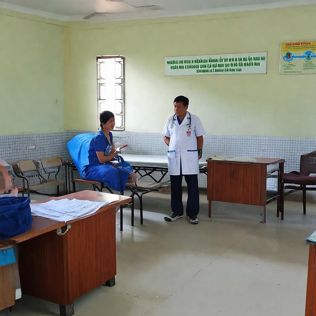 Bên trong phòng khám cơ bản tại Trạm y tế phường, có y bác sĩ tư vấn sức khỏe cho người dân địa phương