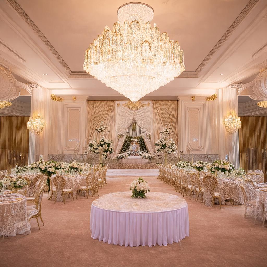 Không gian một sảnh tiệc được trang trí sang trọng bên trong White Palace Thủ Đức với đèn chùm lộng lẫy