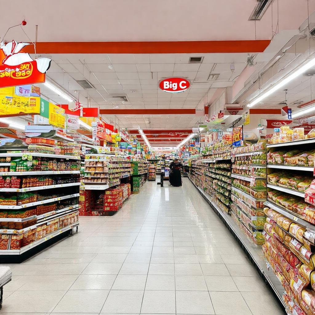 Bên trong khu vực siêu thị Big C Lê Trọng Tấn với các kệ hàng thực phẩm đa dạng