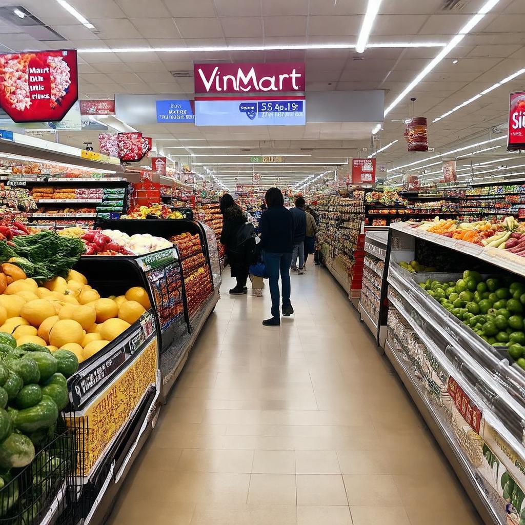 Bên trong Siêu thị VinMart Lê Văn Việt Quận 9 với các quầy hàng thực phẩm tươi sống và hàng tiêu dùng