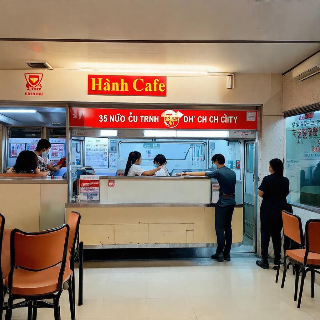 Bên trong văn phòng Hạnh Café 85 Nguyễn Cư Trinh với quầy giao dịch và khu chờ khách.